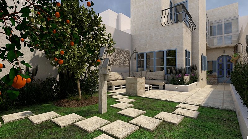 Visualisation of a courtyard garden under an orange tree