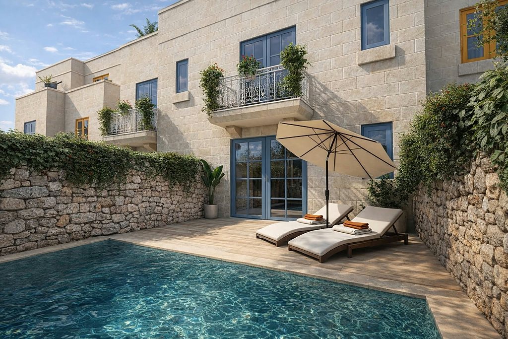 Visualisation of a courtyard pool below a rubble wall