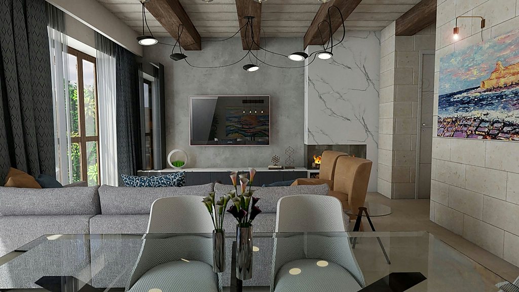 Visualisation of a living room with exposed beams and a marble hearth