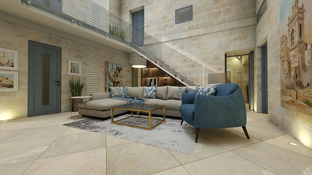 Visualisation of a double-height limestone lounge with a glazed stair