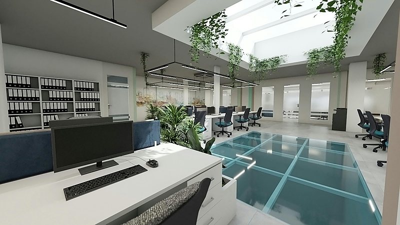 Visualisation of an office with a glazed floor panel under a skylight