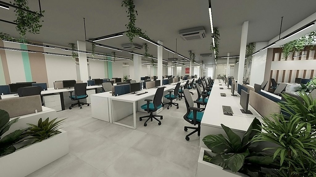 Visualisation of an open-plan office, wide view