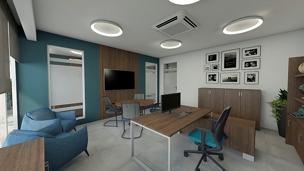 Visualisation of a private office in teal and timber