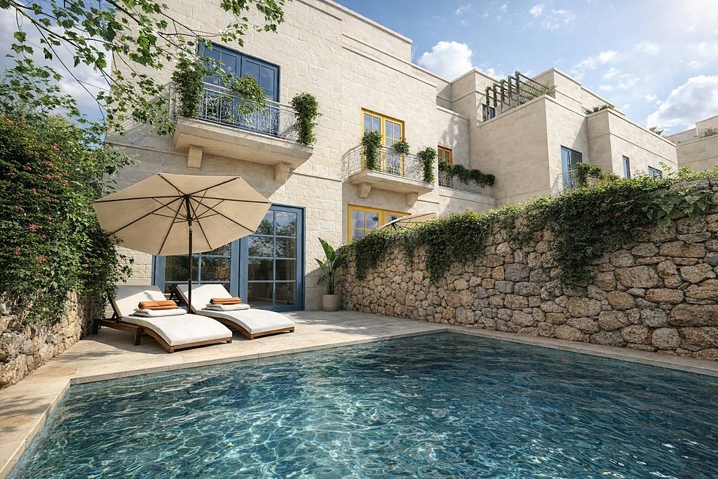 Visualisation of a pool terrace against a limestone wall