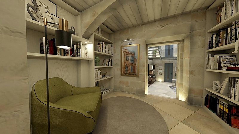 Visualisation of a vaulted reading nook lined with shelving