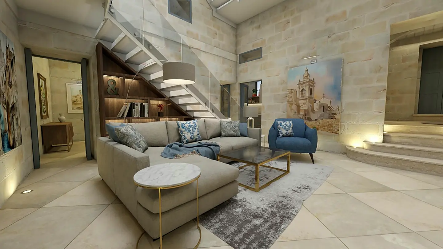 Visualisation of a residential lounge with a limestone feature wall