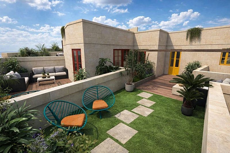 Visualisation of a roof terrace with lawn and stepping stones