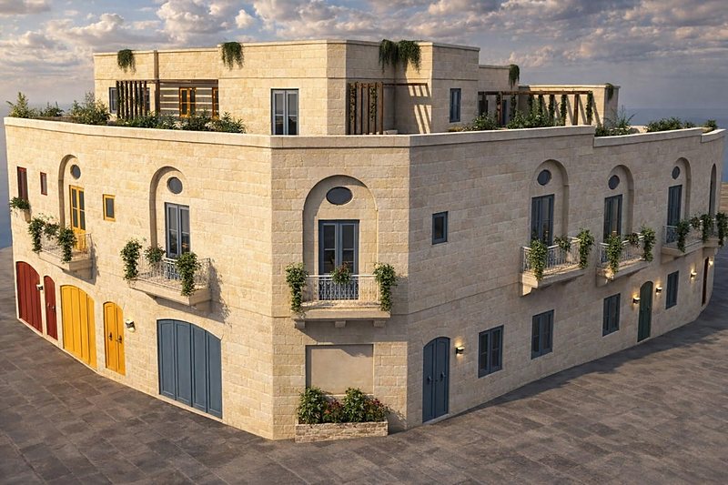 Visualisation of a limestone townhouse corner with coloured doors