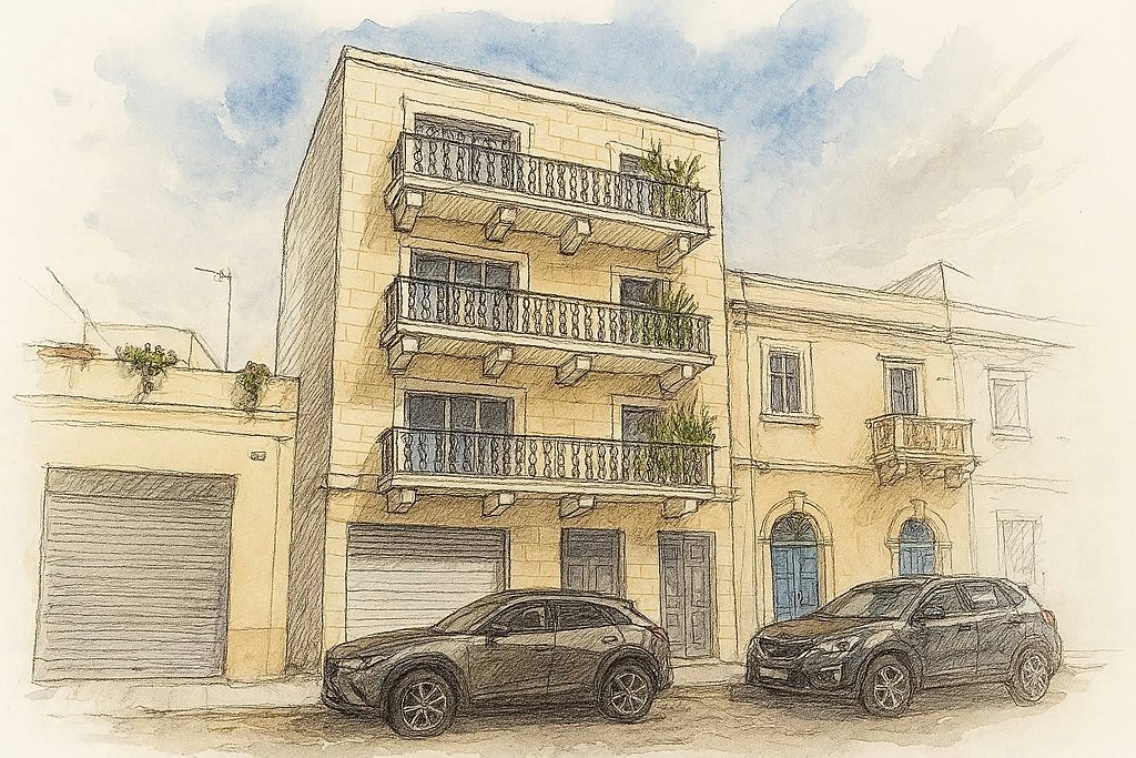 Hand-drawn pencil elevation of a Maltese facade